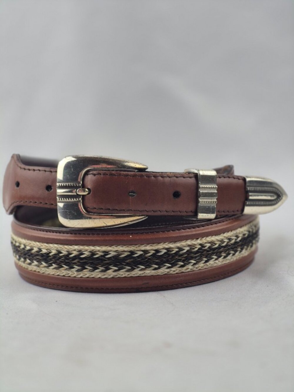Western Braided Nylon Inlay Leather Belt Cowboy Americana Rugged Ranch Wear